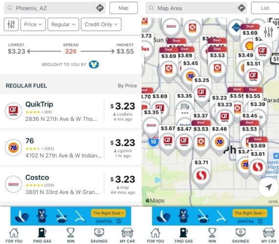 GasBuddy app list and map view how to find the cheapest gas/diesel near you when traveling
