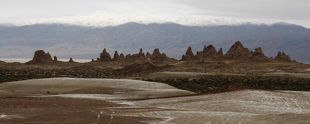 Snow on the mountains to the east of the Trona Pinnacles.