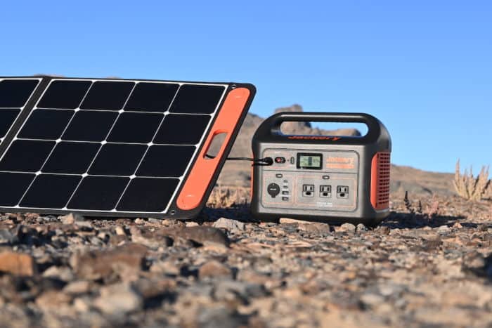 Jackery Explorer 1000 being charged by a Jackery Solar Saga 100 watt solar panel