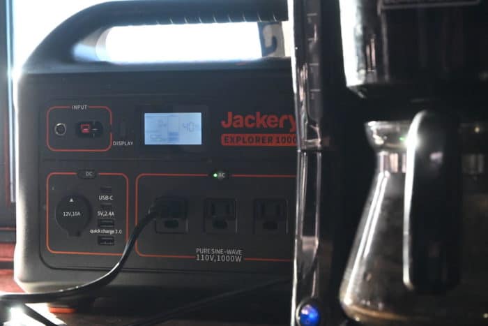 Jackery Explorer 1000 powering a drip coffee maker in an RV