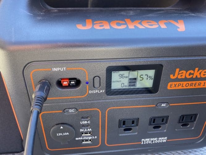 Jackery Explorer 1000 connected to the Jackery Solar Saga 100 watt portable solar panel