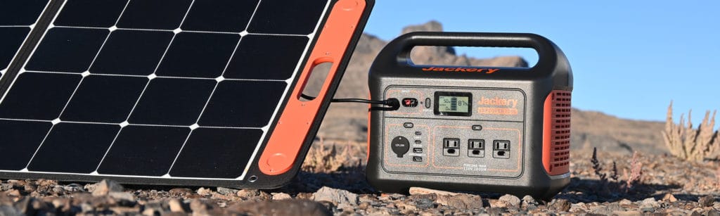 Jackery Explorer 1000 being charged by a SolarSaga 100W