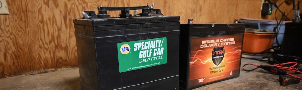 6 volt and 12 volt deep cycle RV batteries being charged with a deep cycle battery charger