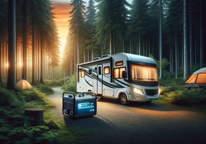 quiet inverter generator being used to power an rv while camping