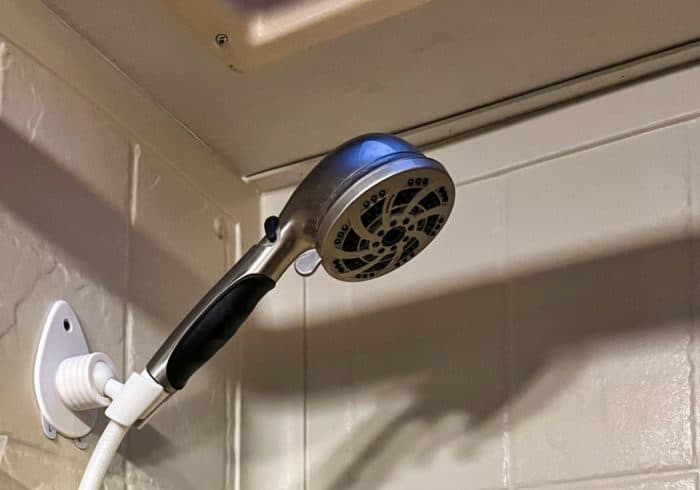 oxygenetics fury high pressure shower head in an RV shower