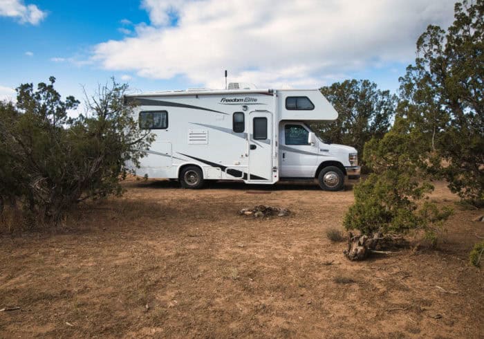 Class C rv at a campsite in the Caja Del Rio Dispersed Camping Area near Santa Fe New Mexico