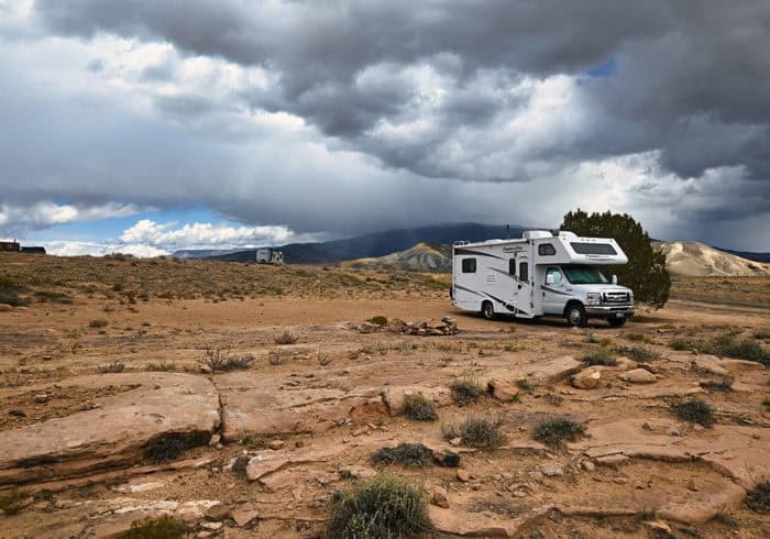 Class C RV camping at Escalante Canyon Road near Grand Junction Colorado