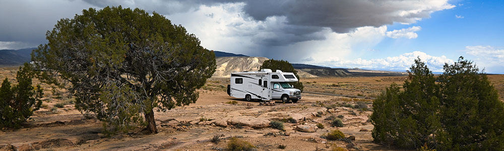 Class C RV camping at Escalante Canyon Road near Grand Junction Colorado