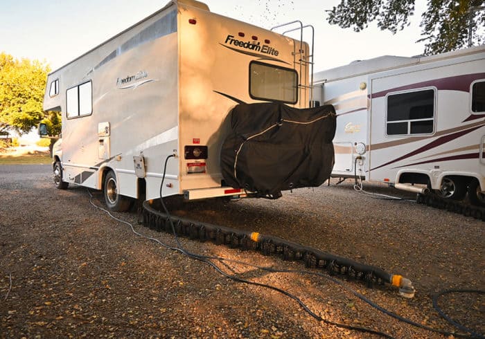 RV with sewer, water, and electrical hookups at Lake Van RV Park in Dexter, New Mexico