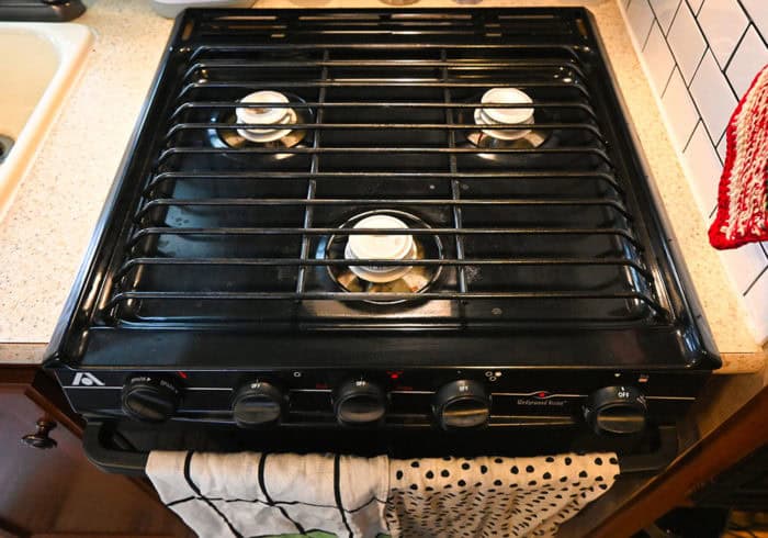 burners on an RV stove with oven