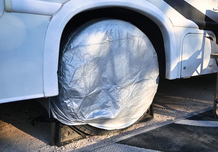 RV tire covers on a class c motorhome