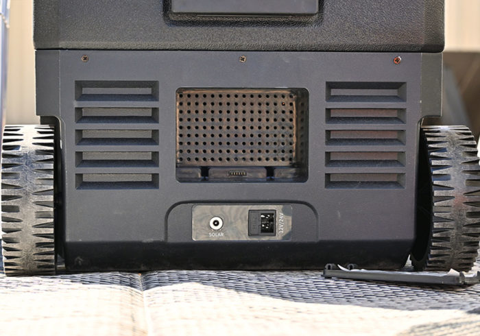 Rear compartment for optional battery pack on the BougeRV CR45 portable fridge freezer