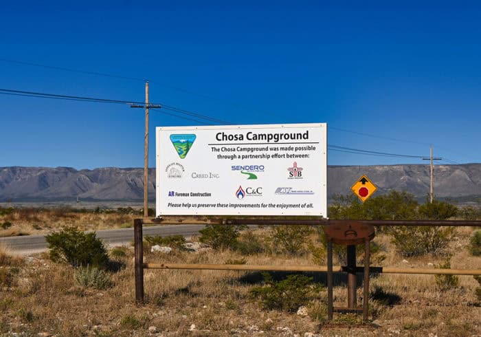 entrance sign at the free blm Chosa Campground near Carlsbad Caverns National Park