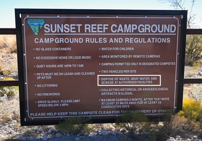 blm campground sign that states there is no rv grey water dumping allowed