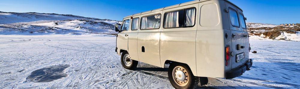 camper van in snow using a 12 volt diesel heater to stay warm