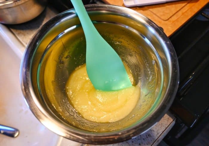melted butter and sugar mixute for mini air fryer banana bread recipe
