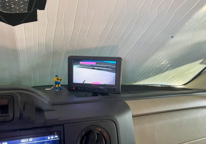 RV backup camera monitor inside camper being used as a security camera