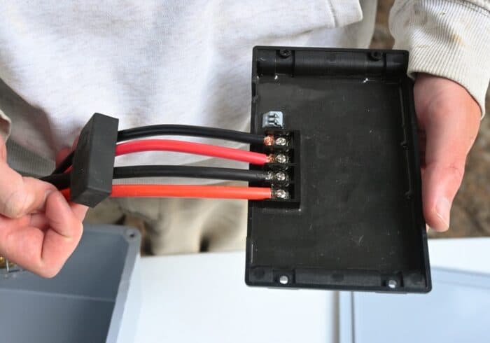 solar panel and battery cable connected to a solar charge controller