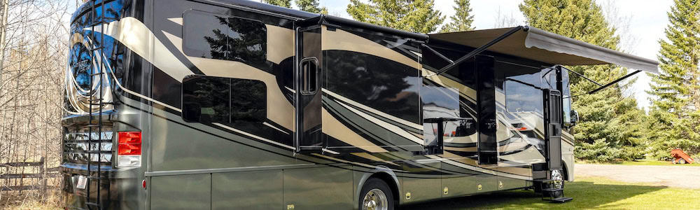 Class A Motorhome with shiny RV decals that are protected from fading cracking and peeling