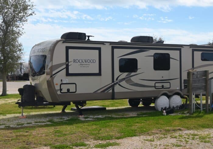travel trailer with two soft start rv ac units being powered by a regular wall outlet