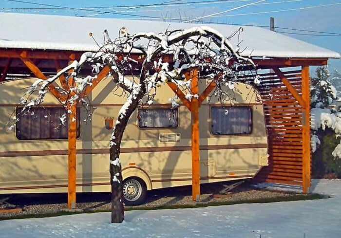 winterized rv travel trailer in cold winter storage