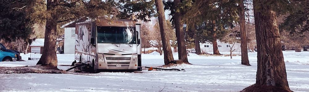 class a motorhome in snow and winter temperatures using a heated rv sewer hose to stop freezing