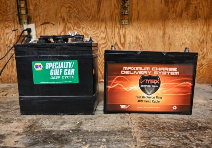 6 volt rv deep cycle battery next to an agm deep cycle rv battery