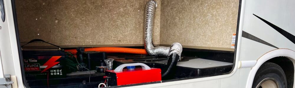 portable diesel heater installed in an rv storage compartment