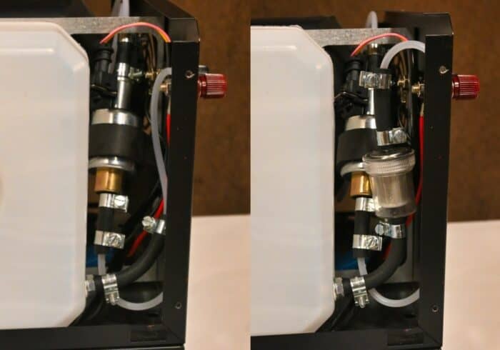 before and after installing a fuel filter inside an all-in-one portable diesel heater