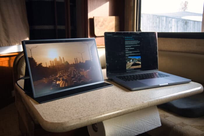 Monitor and MacBook on RV table