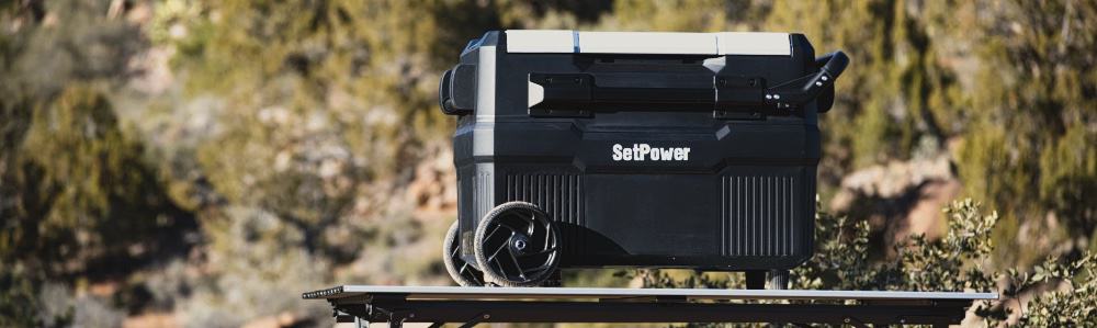SetPower portable 12 volt fridge at a campsite