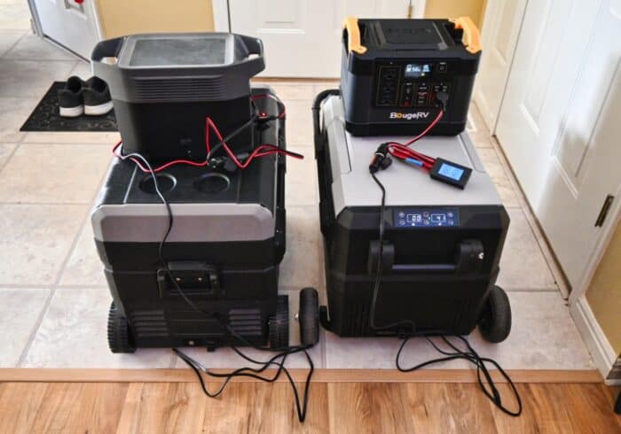 bougerv and setpower portable fridges being tested using 12 volt power and portable power stations