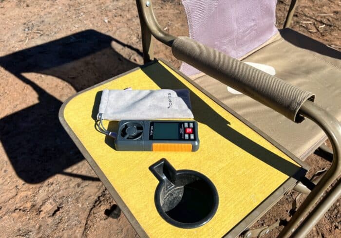 toptes ts-301 anemometer digital wind meter on a camping chair being used for rv camping