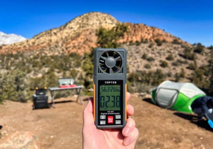 checking the wind speed with the toptes ts-301 anemometer digital wind meter for tent camping