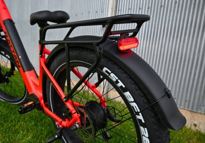 Taillight, brake light, cargo rack, and rear fender on the Rattan Pathfinder E-Bike.