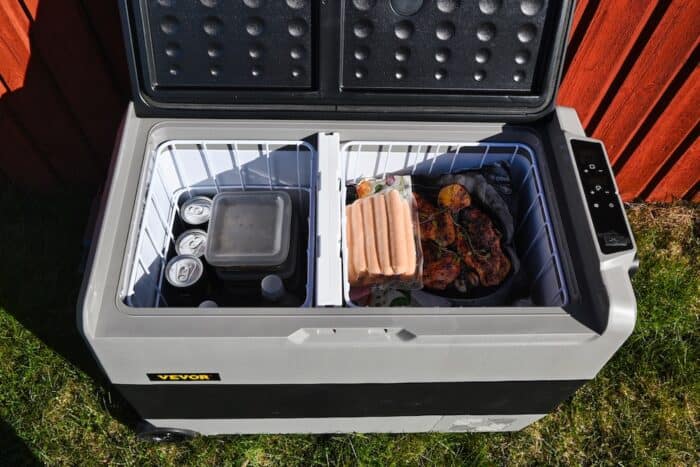 60 liter 63 quart Vevor 12 volt car fridge portable fridge freezer filled with food