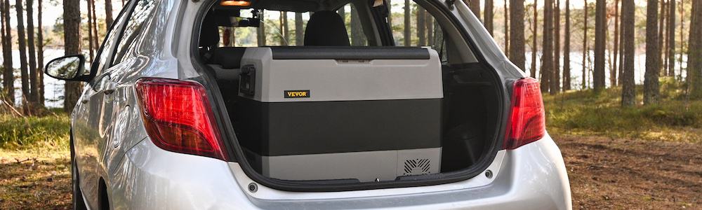vevor 12 volt refrigerator portable fridge freezer in the trunk of a car while camping