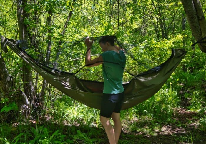 side entry of the OneWind hammock with a zippered bug net