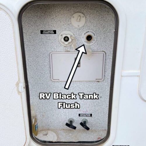 black tank flush on an RV 5th wheel used to clean the black tank to prevent clogs and stop odors