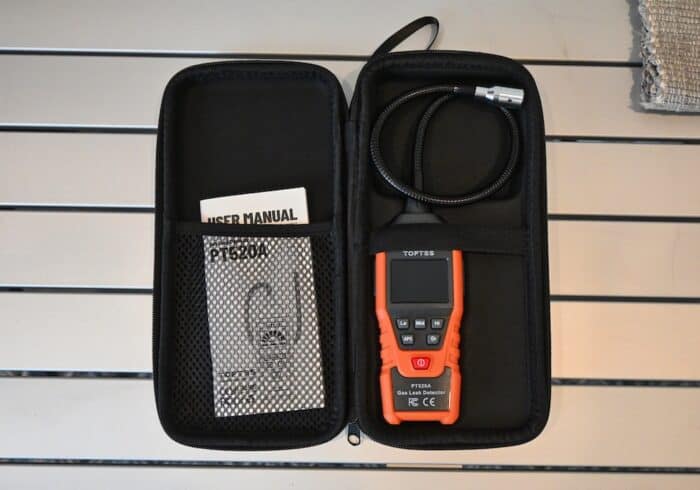 Gooseneck TopTes portable gas detector in storage case with instruction manual