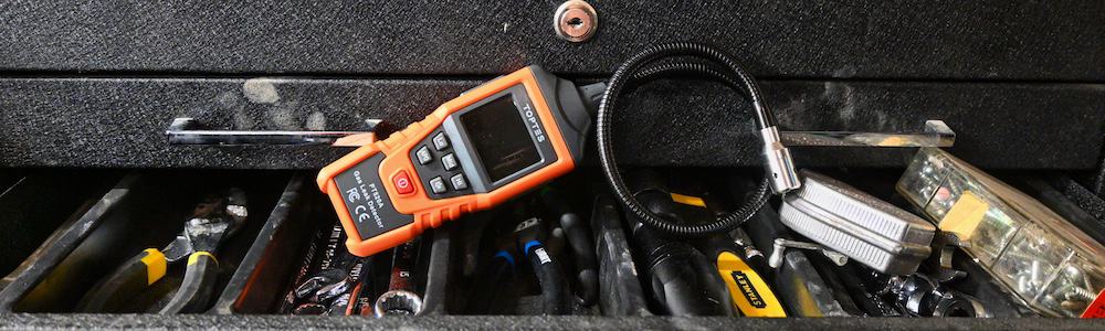 gooseneck toptes portable gas detector sitting in rv tool box