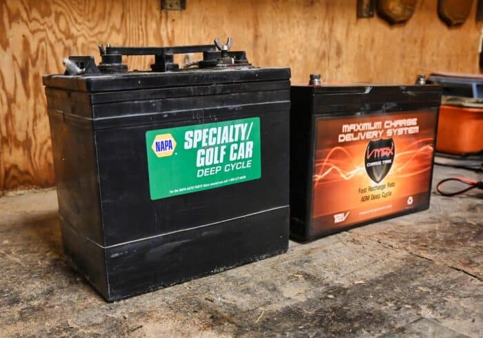 6 volt lead acid deep cycle rv battery next to a 12 volt AGM deep cycle RV battery