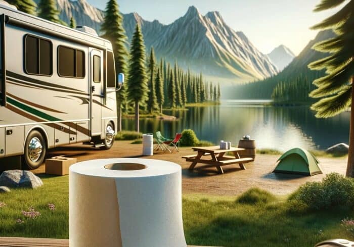 RV toilet paper in a campsite with a class A camper in the background