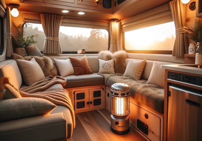 rv with a portable indoor propane heater inside
