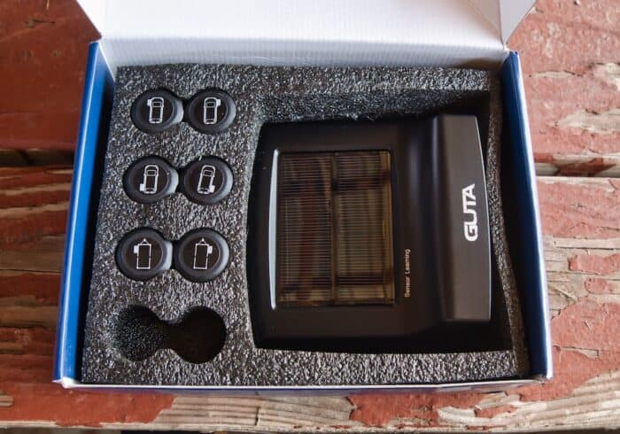 Guta solar rv tire pressure monitoring system inside the box with the sensors and monitor