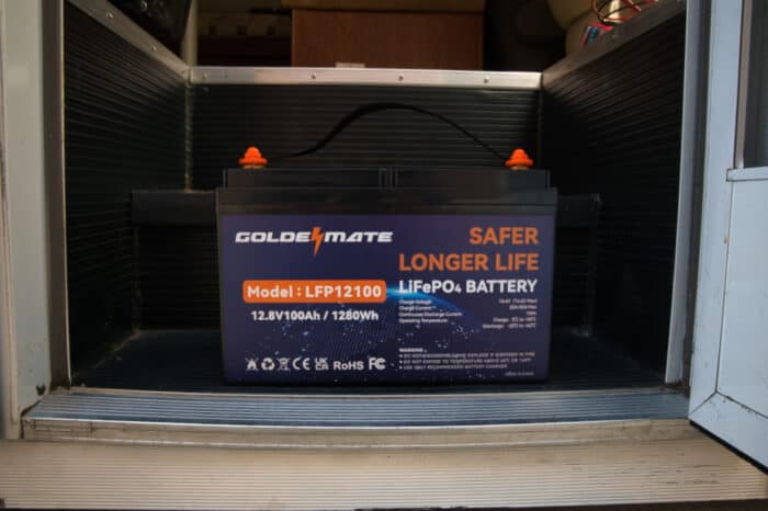 Goldenmate LFP12100 battery on rv steps