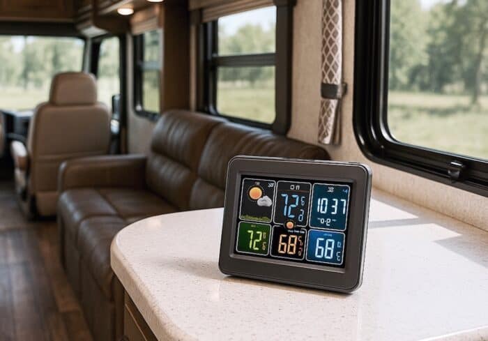 Portable weather station displaying temperature and forecast on an RV countertop