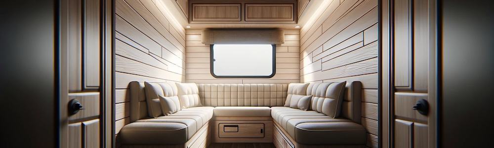 inside a travel trailer with rv paneling on the walls and ceiling