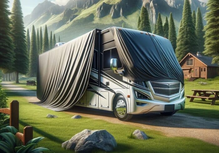 class a motorhome with a class a rv cover on it for winter storage and sun protection