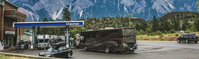 motorhome rv class c class a getting gas fuel at a gas station and choosing between regular and premium gas